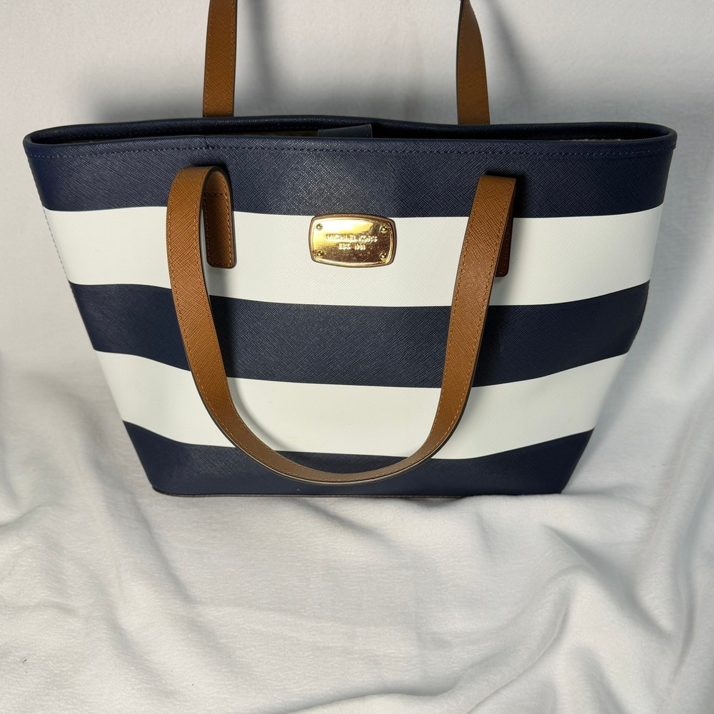 Michael Kors Jet Set Travel Tote Bag Navy White Striped Saffiano Leather Gold